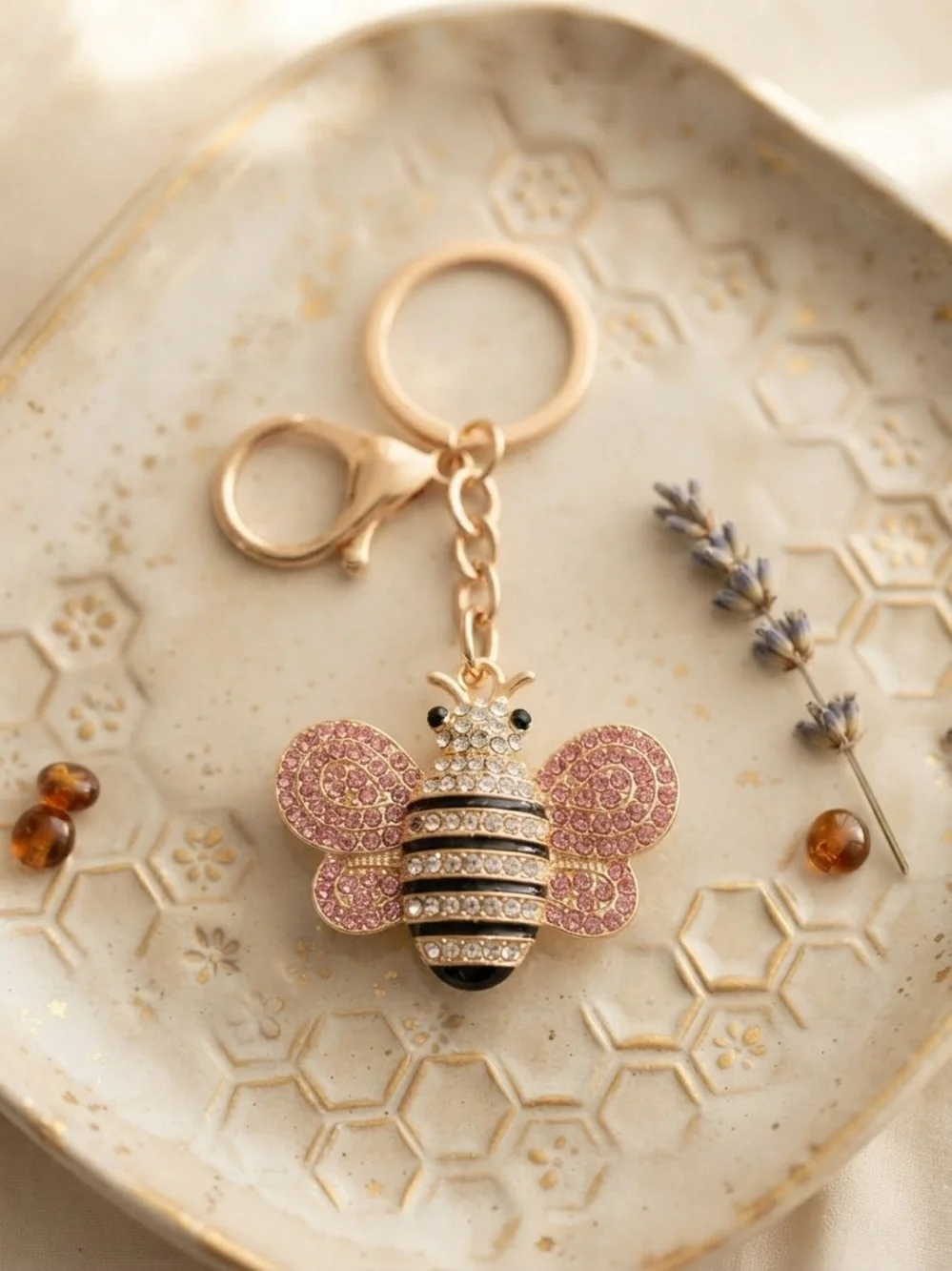 Gold Bee Keychain with Pink Crystal Wings